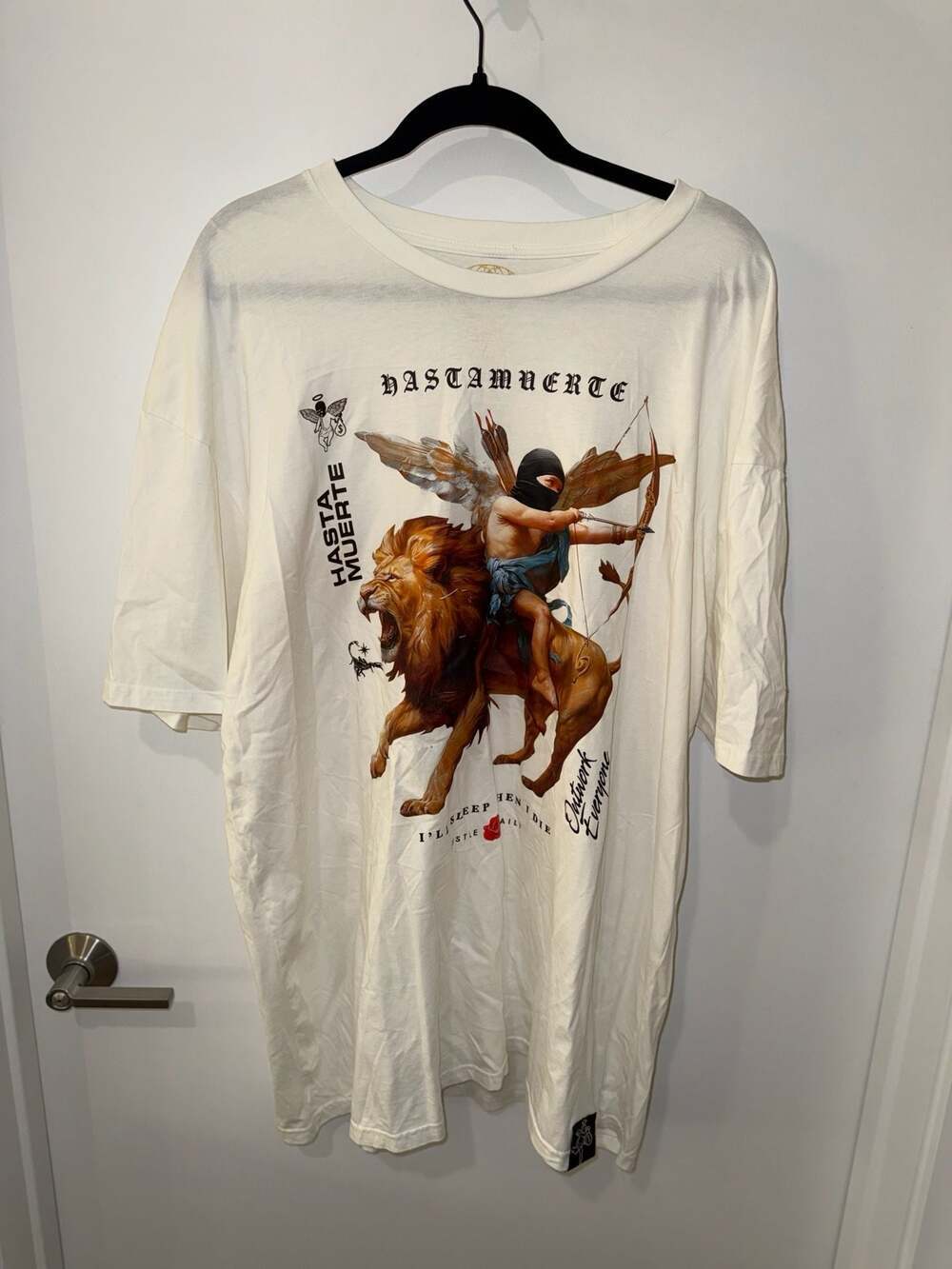 Hasta Muerte White Cupid Lion Warrior Short Sleeve Graphic Tee Size 3XL